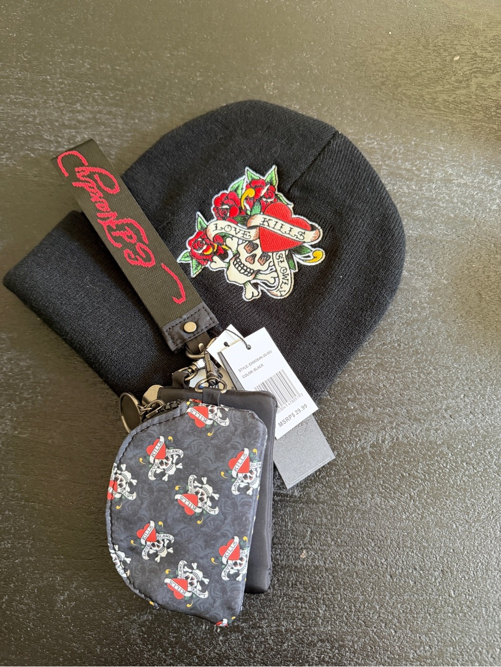 Black Skull & Roses Knit Beanie with Matching Key Pouch ed hardy nwt